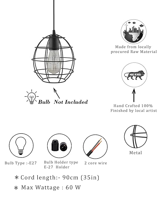 E27 Ediosn Vintage Black Metal Sphere Hanging Light, Pendant Ceiling Light Lamp