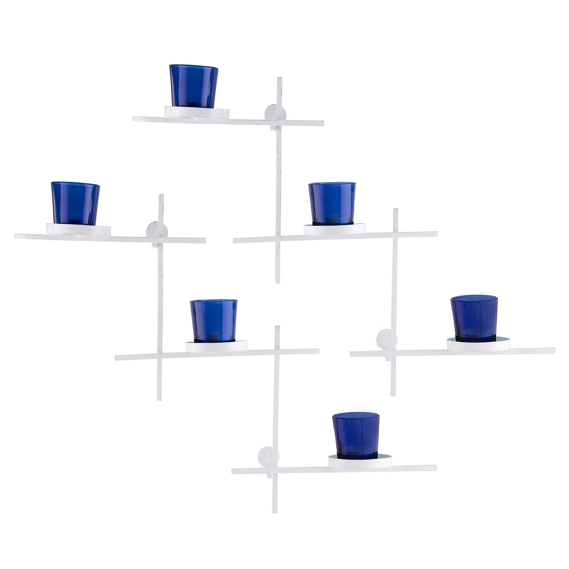 Homesake® White Scorching Ladder with Six Votive Blue, Wall Hanging Candle Tealight Holder, Set of 2