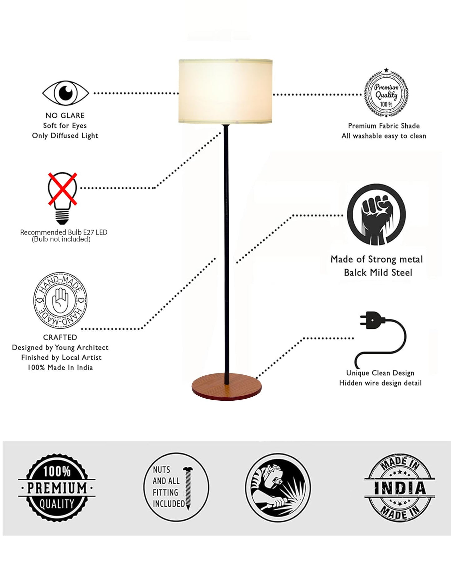 Homesake® Modern Floor Lamp for Living Room Traditional Farmhouse Boho Floor Lamp Mid-Century Pole Lamp, Linen Lamp Shade Side Standing Lamps | Corner Lamp Light | Hall Bedroom Office, Pleated White