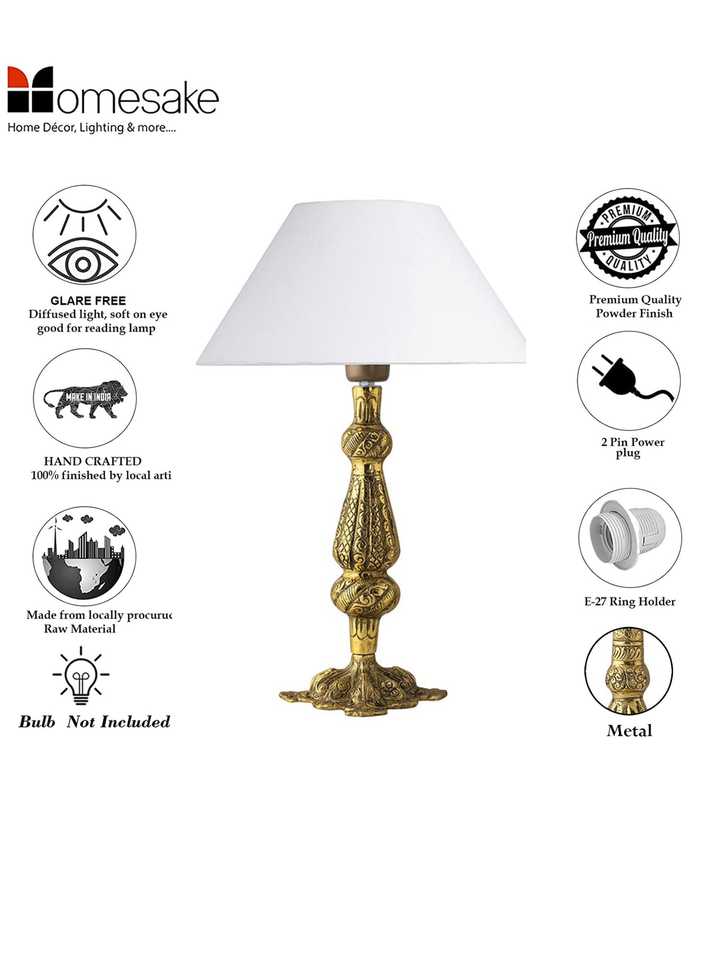 Homesake® Classic Antique Golden Carving Metal Table Lamps with shade (White, Scroll)
