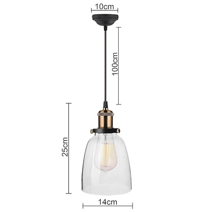 Pendant Light with Bell Glass Shade, Metal Base Cap and Adjustable Textile Cord, Industrial Style Retro Hanging Lamps for Dining Living Room