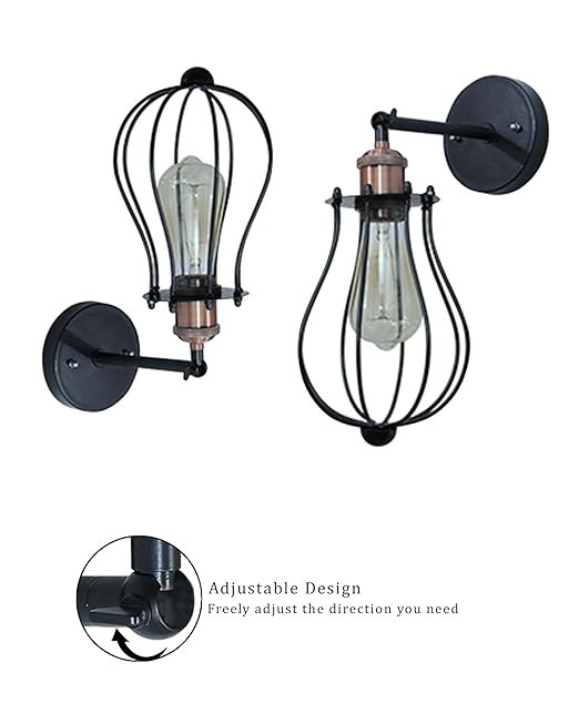 Vintage Wall Sconce Industrial Lighting Adjustable Socket Rustic Wire Metal Cage Fixture Porch Mirror, Antique