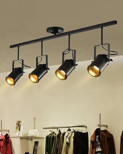 Industrial 4-Light Track Lighting Kit, Black Flush Mount Wall/Ceiling Spot Lights Fixture, Directional Ceiling Light for Kitchen,Dining Room, Living Room, Hallway, Bathroom, Cabinet