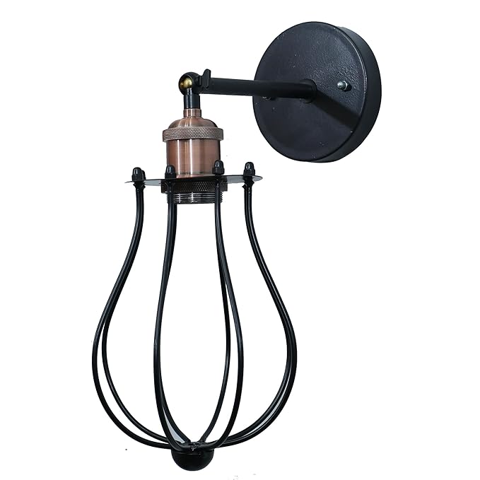 Vintage Wall Sconce Industrial Lighting Adjustable Socket Rustic Wire Metal Cage Fixture Porch Mirror, Antique