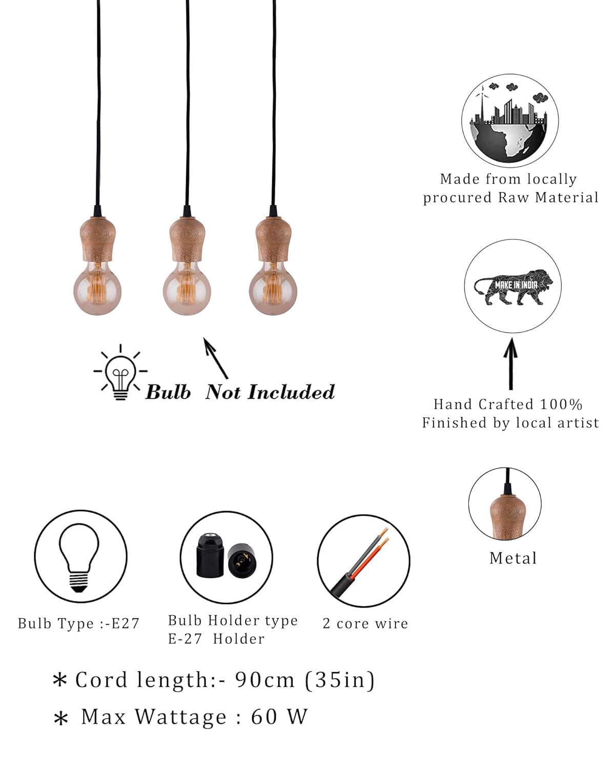 3-lights Linear Cluster Chandelier Edison Filament Wooden Bubble holder hanging Pendant Light, kitchen area and dining room light