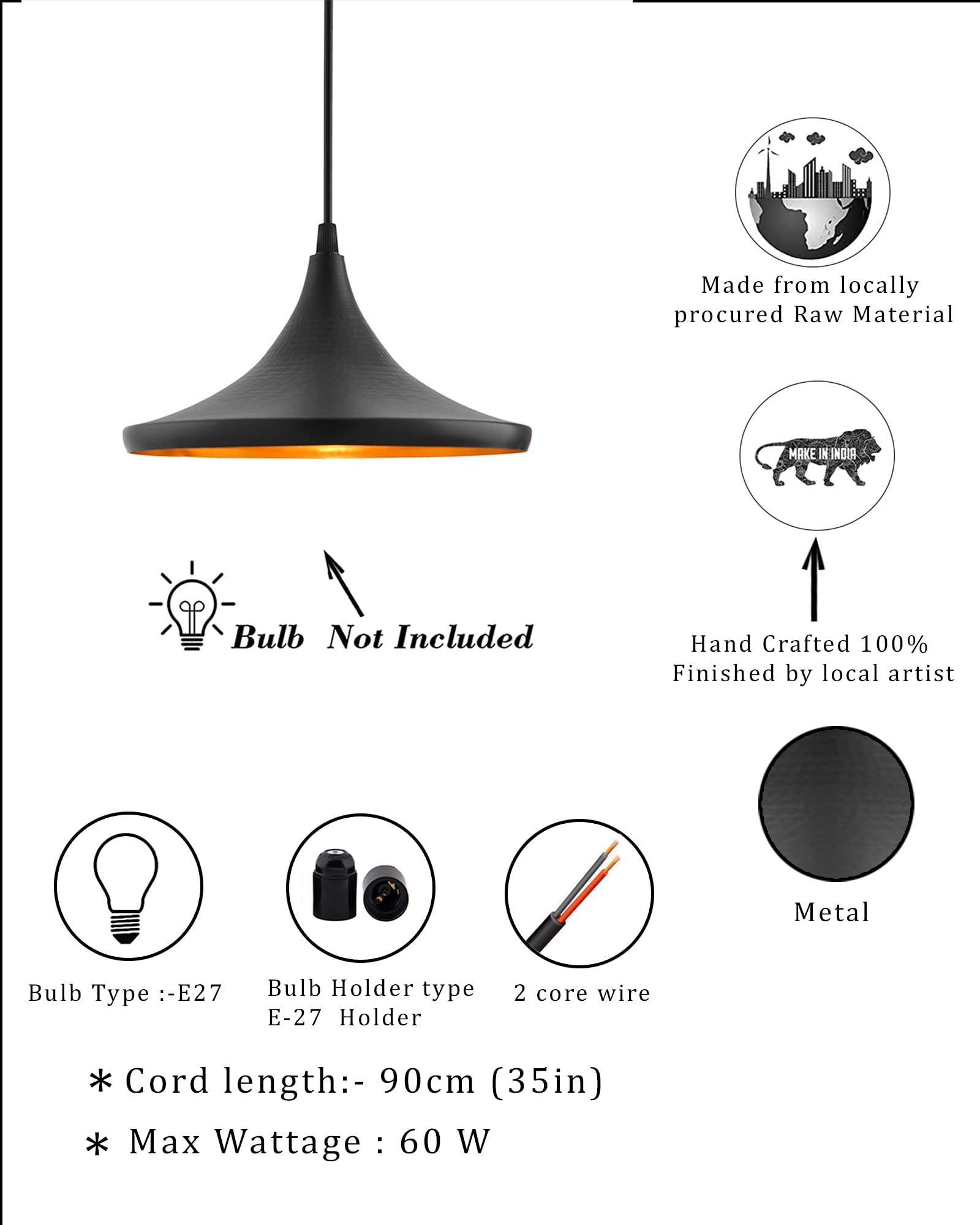 Homesake® E26/E27 Single Head Metal Danish Shade Pendant Vintage Hanging Ceiling Light, Black Set of 2