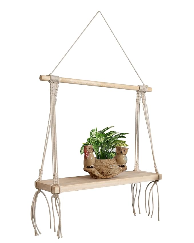 Macrame Wall Hanging Shelf Wood Floating Boho Shelves with Wooden Dowel Modern Chic Hand Woven Art Decor for Apartment Dorm Bedroom Living Room Nursery Beige