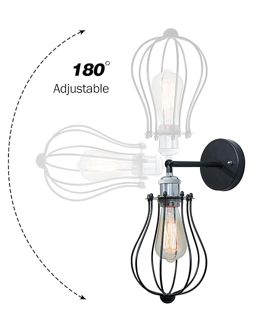 Vintage Wall Sconce Industrial Lighting Adjustable Socket Rustic Wire Metal Cage Fixture Porch Mirror, Antique