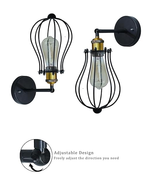 Vintage Wall Sconce Industrial Lighting Adjustable Socket Rustic Wire Metal Cage Fixture Porch Mirror, Antique