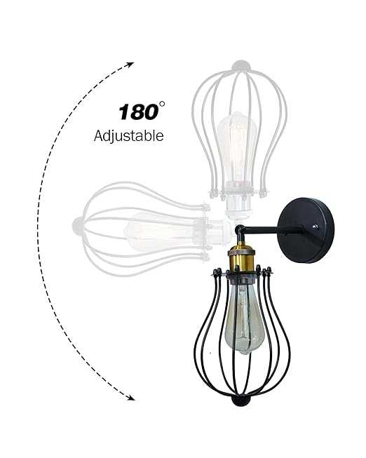 Vintage Wall Sconce Industrial Lighting Adjustable Socket Rustic Wire Metal Cage Fixture Porch Mirror, Antique