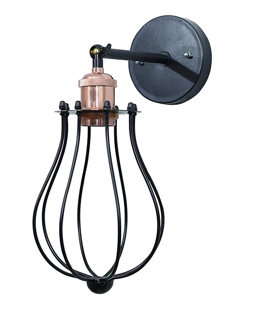 Vintage Wall Sconce Industrial Lighting Adjustable Socket Rustic Wire Metal Cage Fixture Porch Mirror, Antique