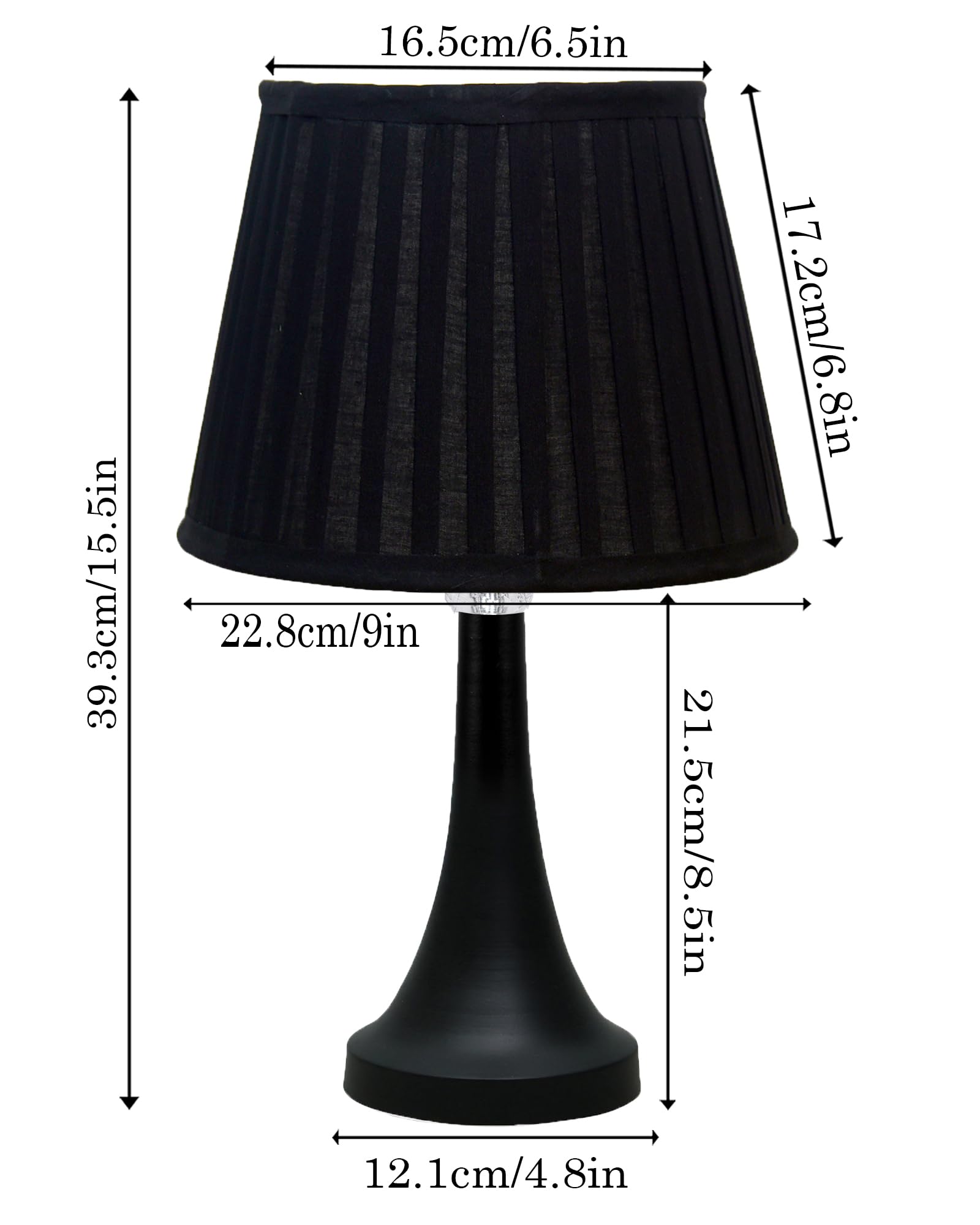 Bedside Black Metal Table Lamp with Fabric Shade, E27 holder, Cone, Pleated Jute Shade
