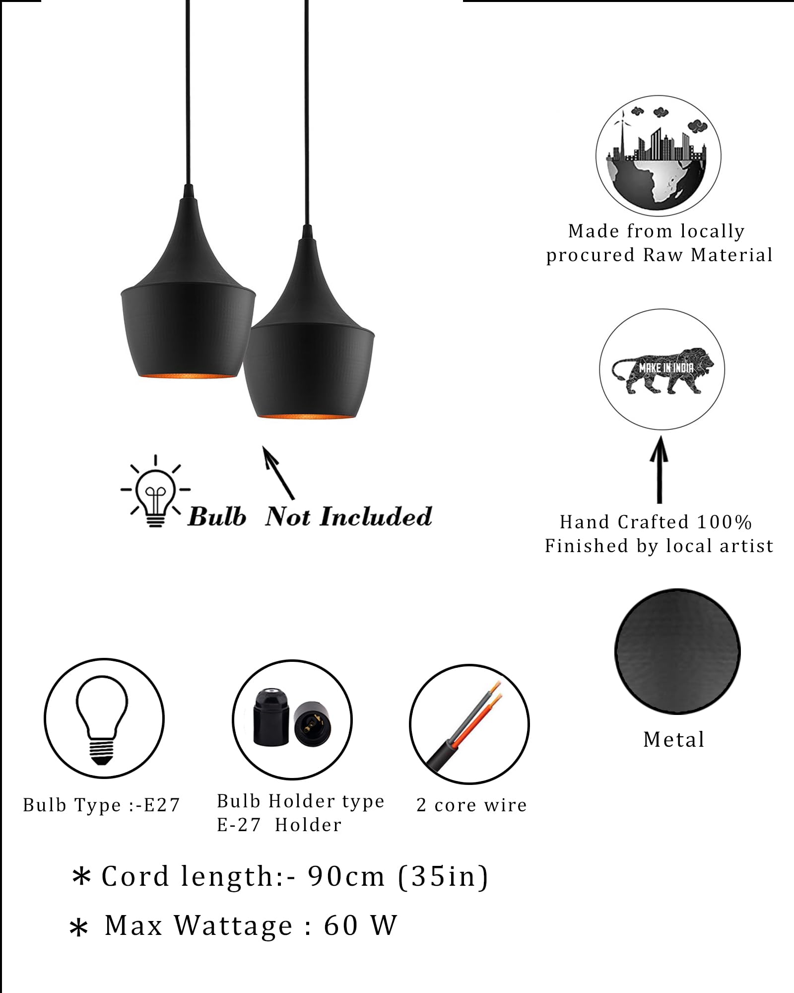 Homesake® E26/E27 Single Head Metal Pear Shade Pendant Vintage Hanging Ceiling Light, pack of 2