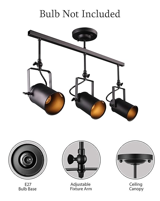 Industrial 3-Light Track Lighting Kit, Black Flush Mount Wall/Ceiling Spot Lights Fixture, Directional Ceiling Light for Kitchen,Dining Room, Living Room, Hallway, Bathroom, Cabinet