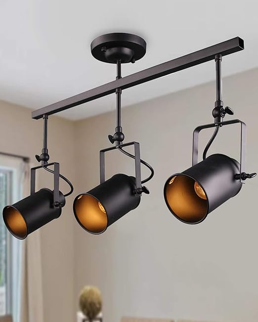 Industrial 3-Light Track Lighting Kit, Black Flush Mount Wall/Ceiling Spot Lights Fixture, Directional Ceiling Light for Kitchen,Dining Room, Living Room, Hallway, Bathroom, Cabinet