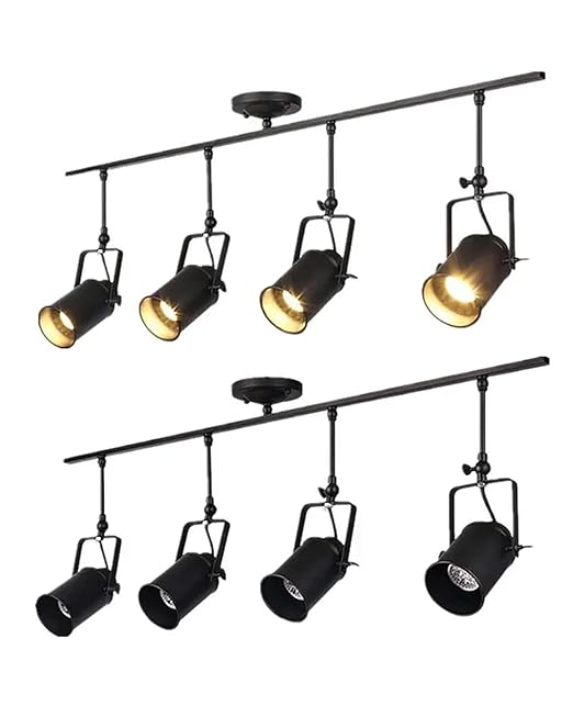 Industrial 4-Light Track Lighting Kit, Black Flush Mount Wall/Ceiling Spot Lights Fixture, Directional Ceiling Light for Kitchen,Dining Room, Living Room, Hallway, Bathroom, Cabinet