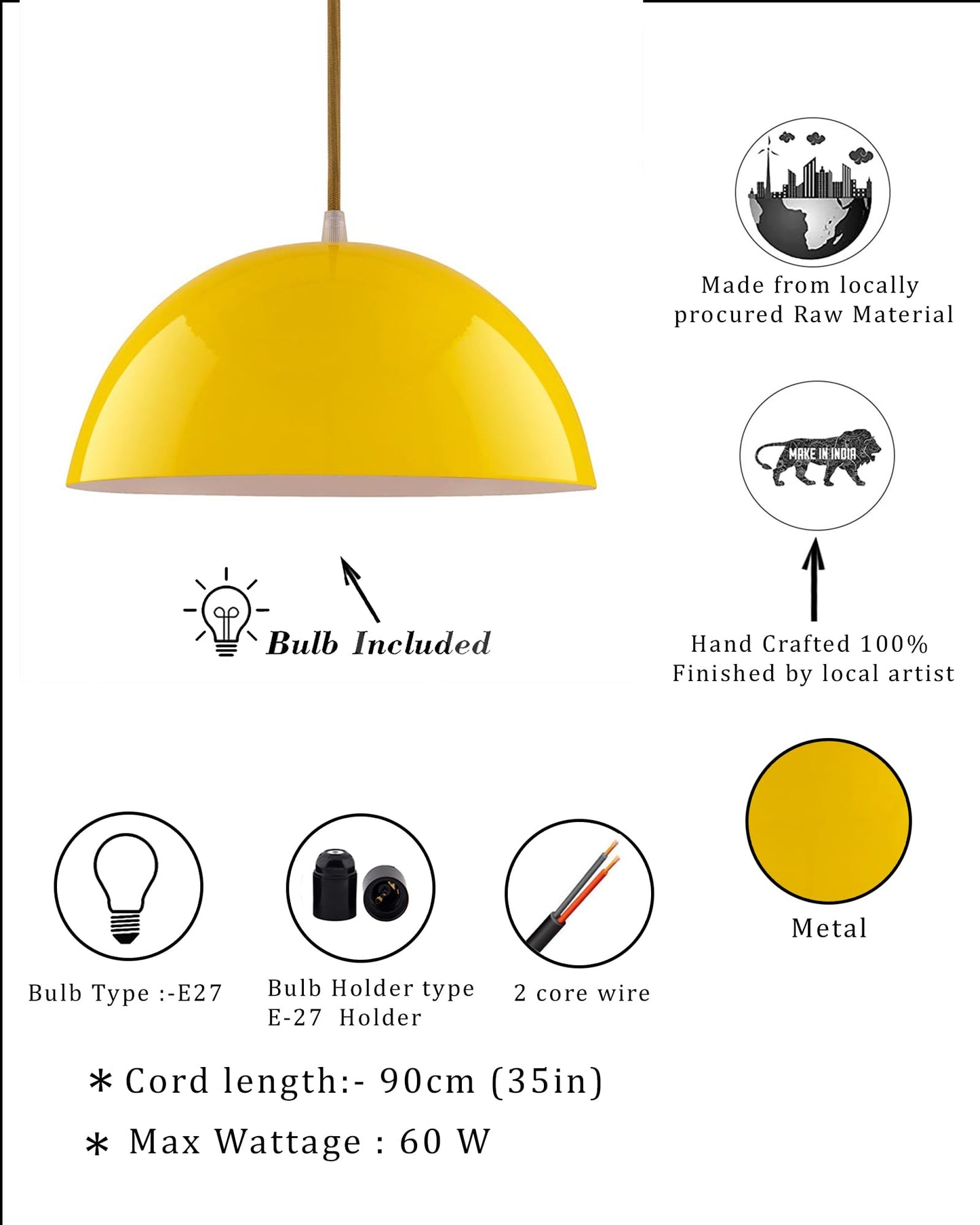 Homesake® Yellow Dome Pendant Light 10'' for Ceiling | Metal Hanging Lamp with Bulb | E27 Holder | Bulb Included | Modern Ceiling Light for Kitchen, Dining, Living Room, Cafe & Home Décor
