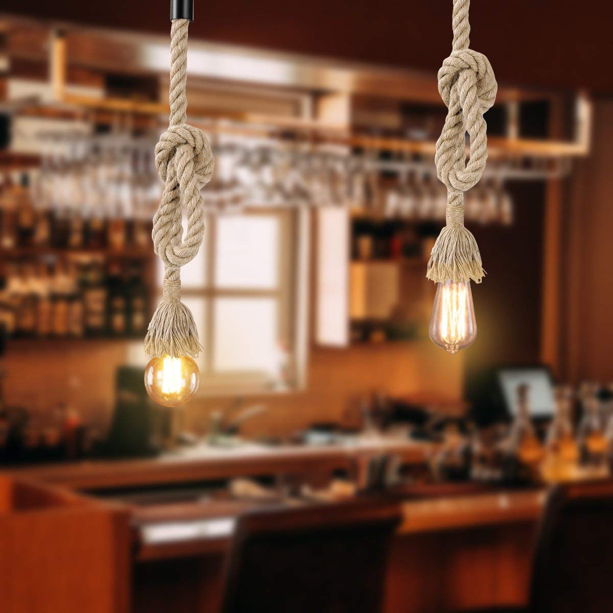 Homesake® B018 Edison Vintage Rope Hanging Ceiling Light (Black), Set of 2, Bulb not included