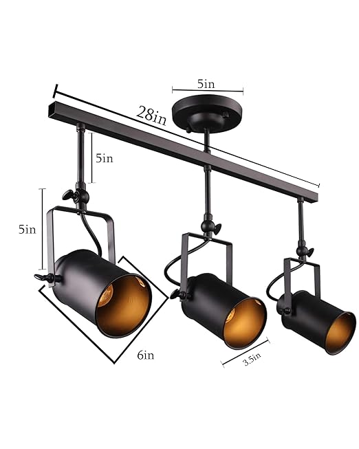 Industrial 3-Light Track Lighting Kit, Black Flush Mount Wall/Ceiling Spot Lights Fixture, Directional Ceiling Light for Kitchen,Dining Room, Living Room, Hallway, Bathroom, Cabinet