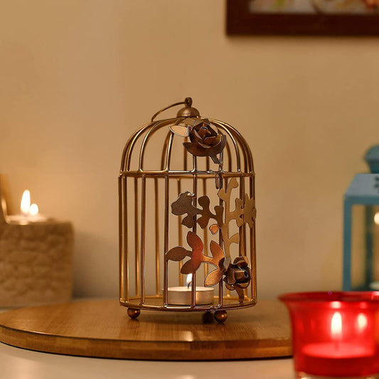 Homesake® Candle Holder | Tealight Holder for Home Décor, Living Room, Table Décor, Pooja Candle Stand Lantern, Room, Diwali Decoration, Wedding & Festival Gift, Metal Birdcage Design, Golden