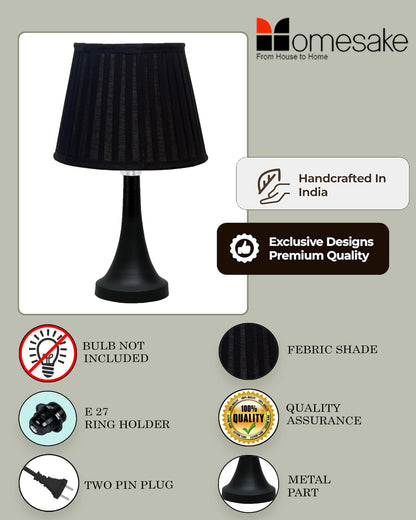 Bedside Black Metal Table Lamp with Fabric Shade, E27 holder, Cone, Pleated Jute Shade