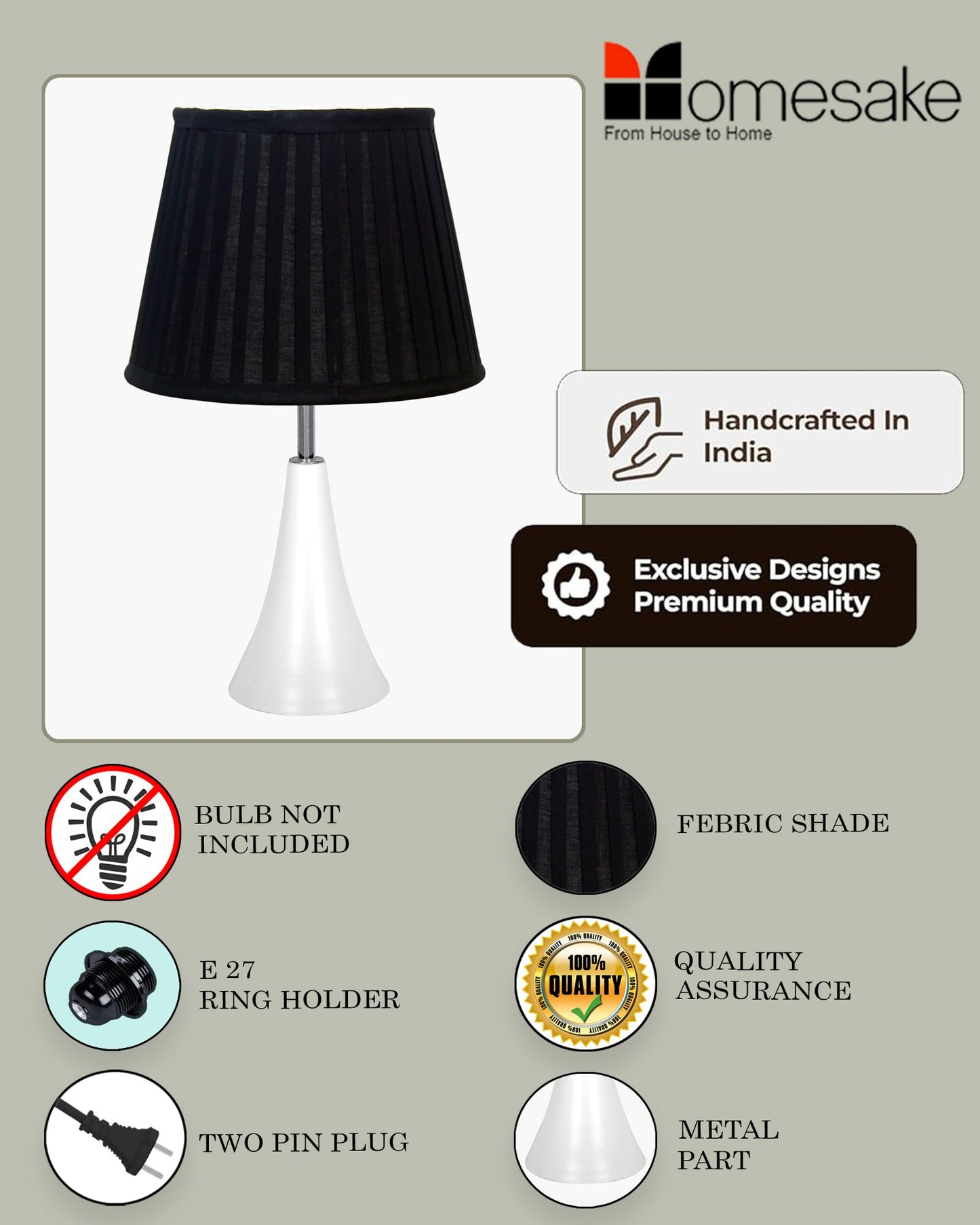 Farmhouse Matt Table Lamp for Bedroom, White Modern Bedside Lamps for Living Room, Rustic Table Light for Night Stands, Dorm, Office, Home Décor Fabric Shade, E27 holder, Inverto, Iris Cone