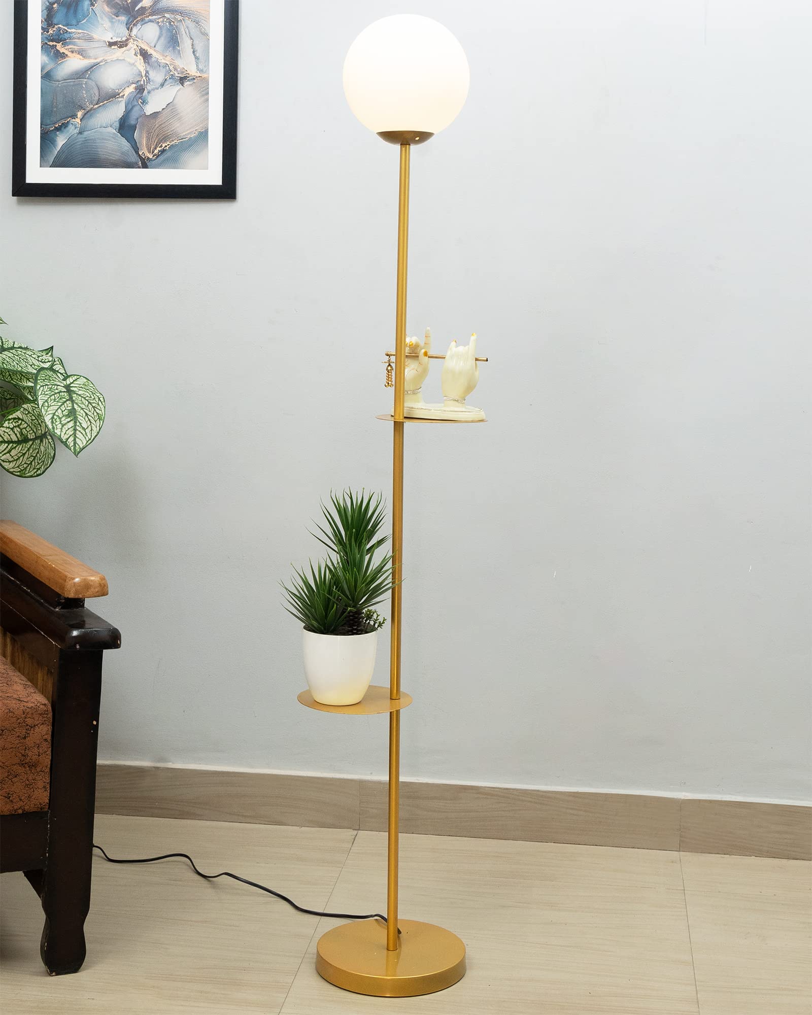 Homesake® Contemporary Duo Shelf Metal Floor Lamp for Living Room | Bedside Side Lamp for Living room Office Home Decor Standing Lamp | Black, White Globe (Black)
