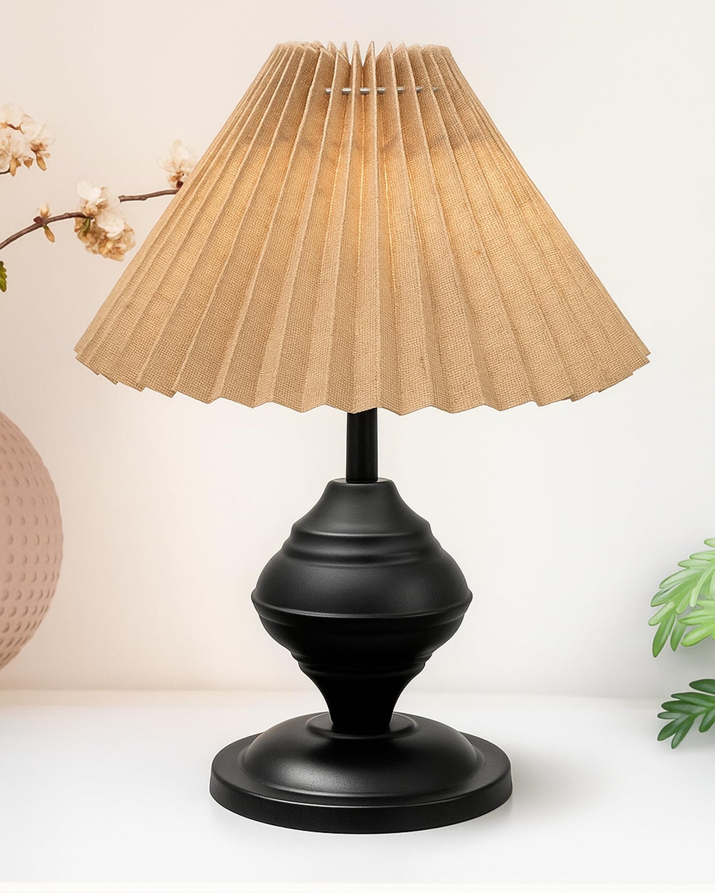 Homesake® Bedside Black Metal Table Lamp With Fabric Shade,Incandescent,E27 Holder,Urn,Desk Lamp,Night Lamp,Office,Nightstand,Table Lamp For Living Room,Study Room,Kids Room,Pleated