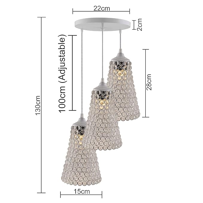 3-lights Round Cluster Chandelier  Crystal Cone Hanging Pendant Light with Braided Cord