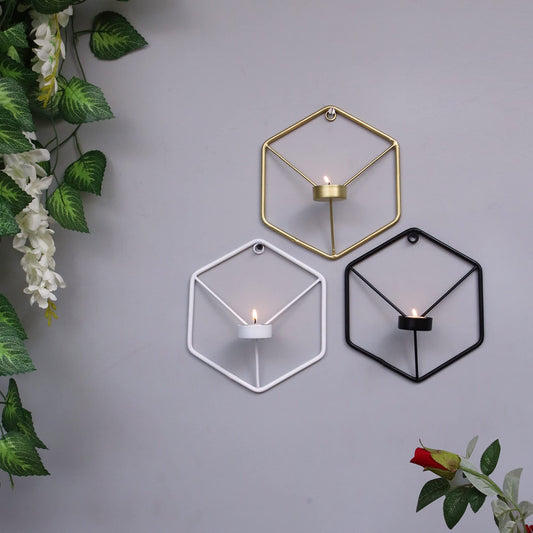 Homesake® Set of 3, Metal Wall Mounted Hexagon Tealight Candle Holder, T-Light Candles, Black, White, Golden (Multi Hexagon Set of 3)