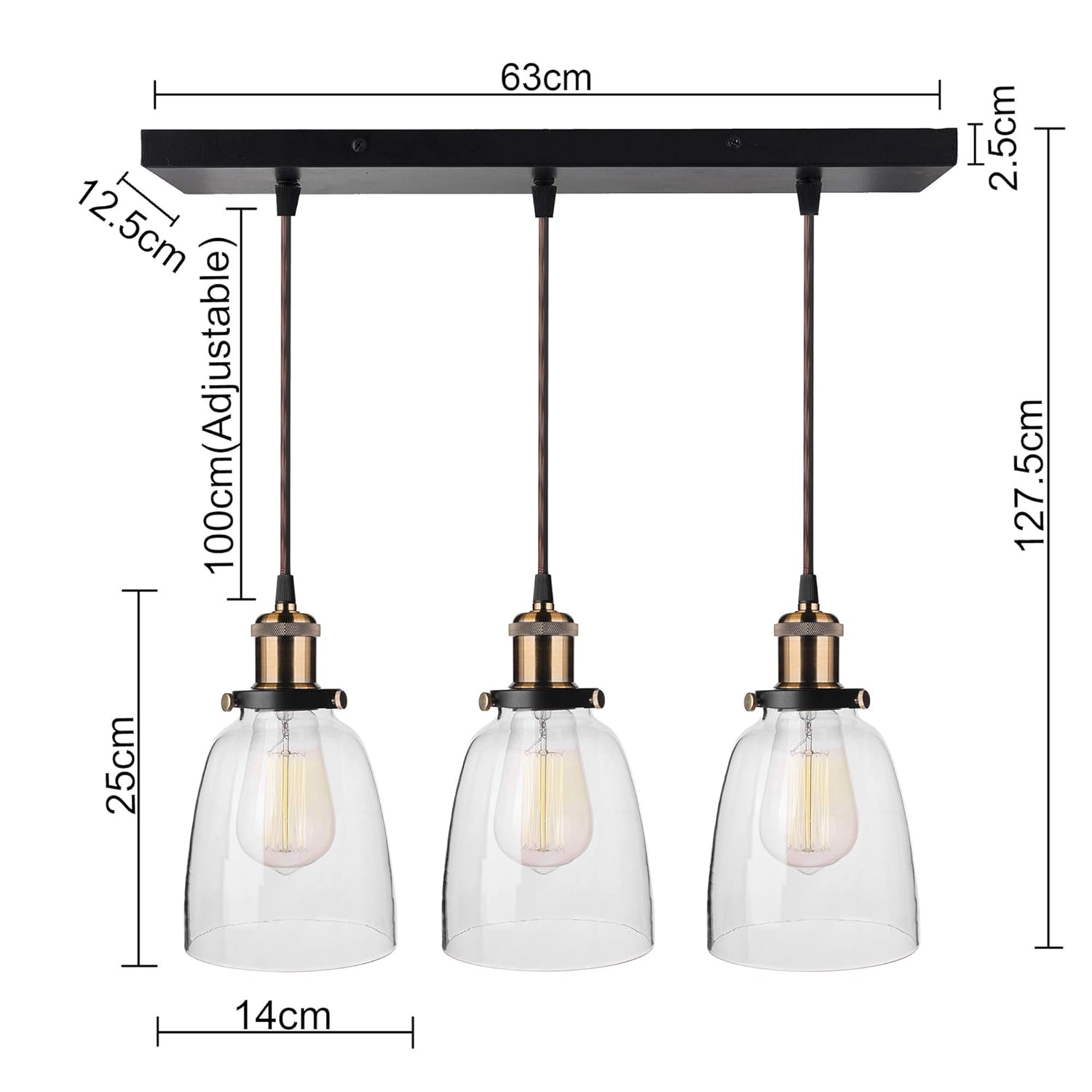 3-Lights Linear Cluster Chandelier Modern Bell Glass Shade Hanging Light, Antique  Socket, E27 Holder, Decorative, Black, URBAN Retro, Nordic Style