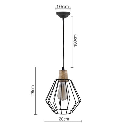 Industrial Loft Black Metal Cubist Cage Wood Art Pendant, Hanging Ceiling Lights, Edison Vintage light