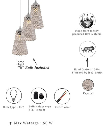 3-lights Round Cluster Chandelier  Crystal Cone Hanging Pendant Light with Braided Cord