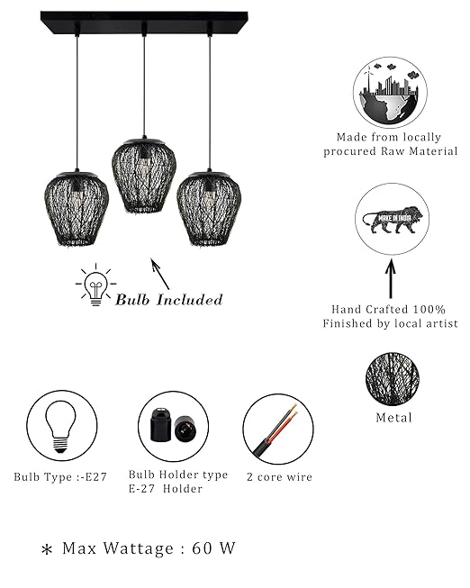 3-Lights Cluster Chandelier Black Steel Wire Mesh Pendant, Decorative, Black, URBAN Retro, Nordic Style, LED/Filament Bulb