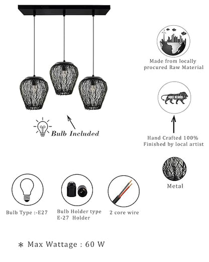 3-Lights Cluster Chandelier Black Steel Wire Mesh Pendant, Decorative, Black, URBAN Retro, Nordic Style, LED/Filament Bulb