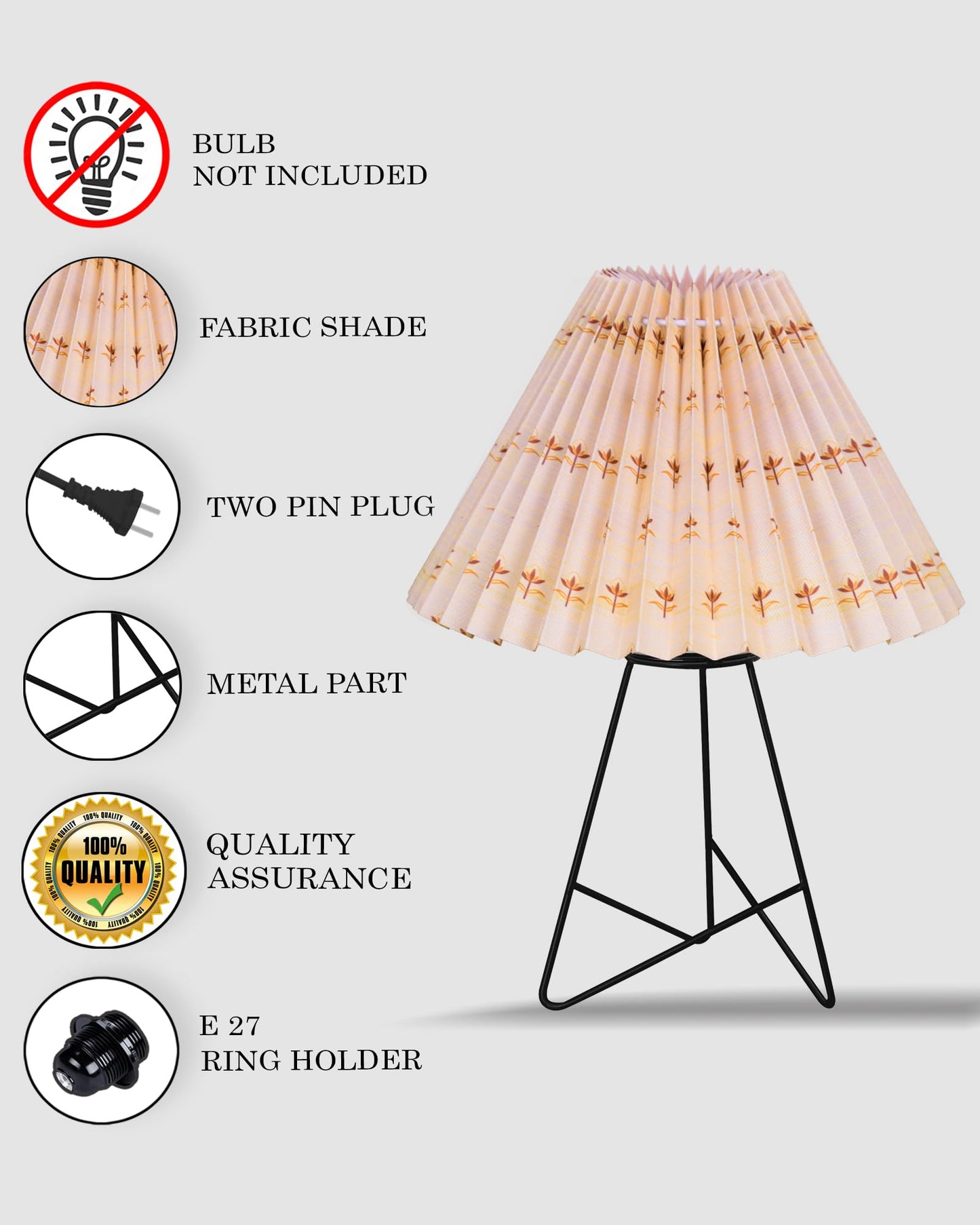 Homesake® Retro Matt Black Table Lamp, Iron Tripod Base, E27 Bulb Holder, Lamps for Bedroom, Bedside, Living Room, Study, Desk, Warm Night Lamp, Light, Pleated Fabricc