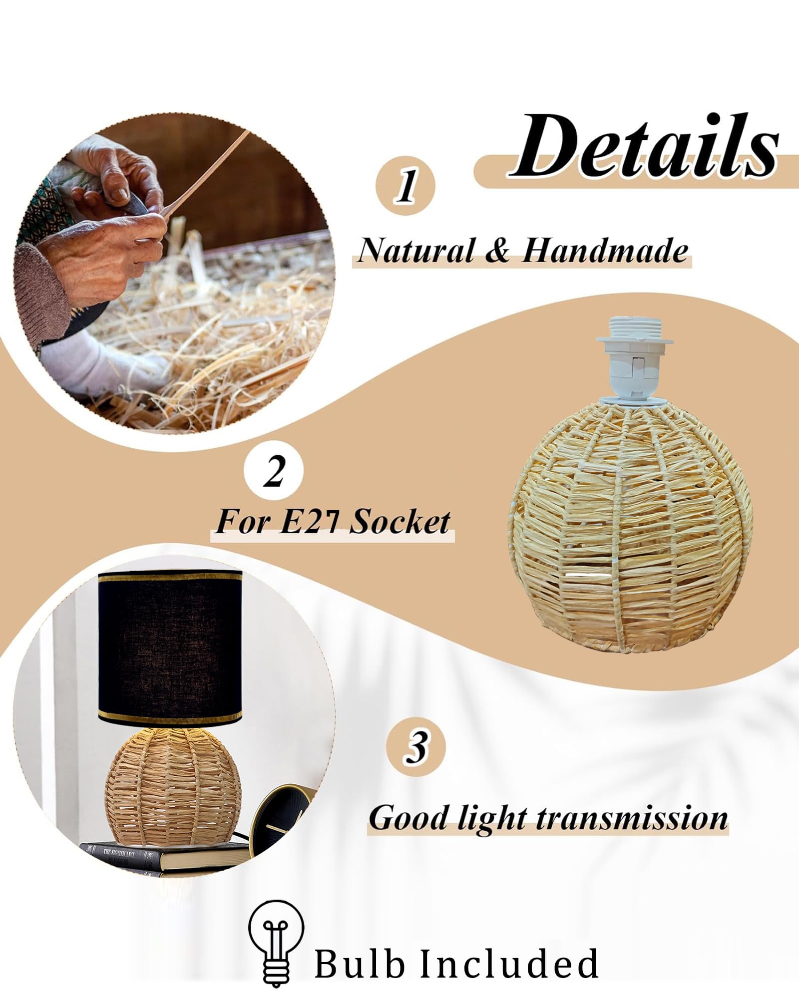 Homesake® Shade Rattan Table Lamp for Bedroom & Living Room, Natural Wicker Bedside Lamp for Bedroom, Living Room & Home Décor, E27 Holder, Livra, Scandinavian, Minimal Style Lighting (Round, Jute)