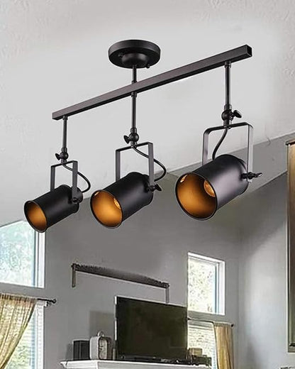 Industrial 3-Light Track Lighting Kit, Black Flush Mount Wall/Ceiling Spot Lights Fixture, Directional Ceiling Light for Kitchen,Dining Room, Living Room, Hallway, Bathroom, Cabinet