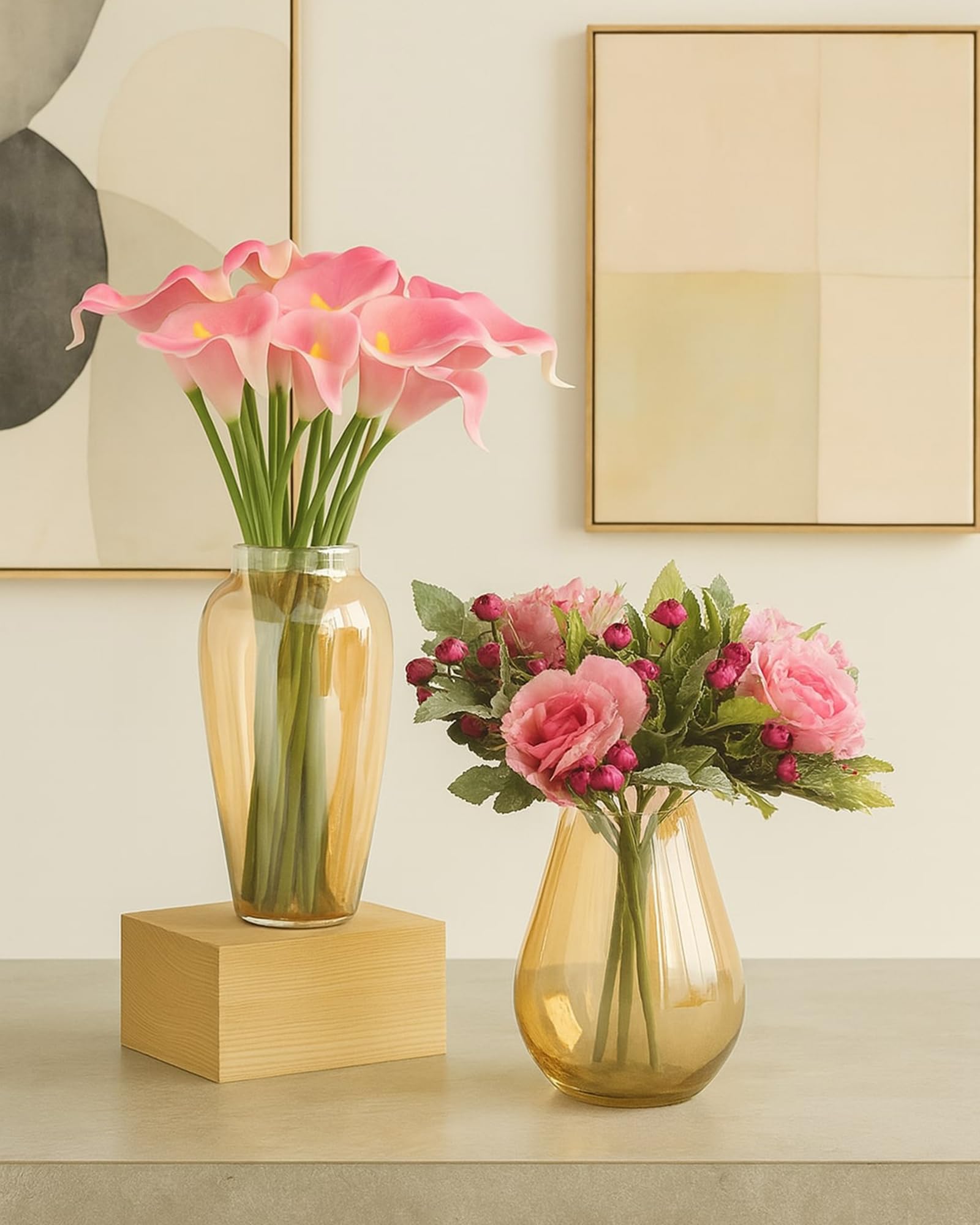 Set of 2 Flower Vase for Flower Plants Glass Vase Pot for Living Room Home Decor Dining Table Decoration Water Plants Bedroom Hall Aesthetic House Warming Gift, Amber Gold