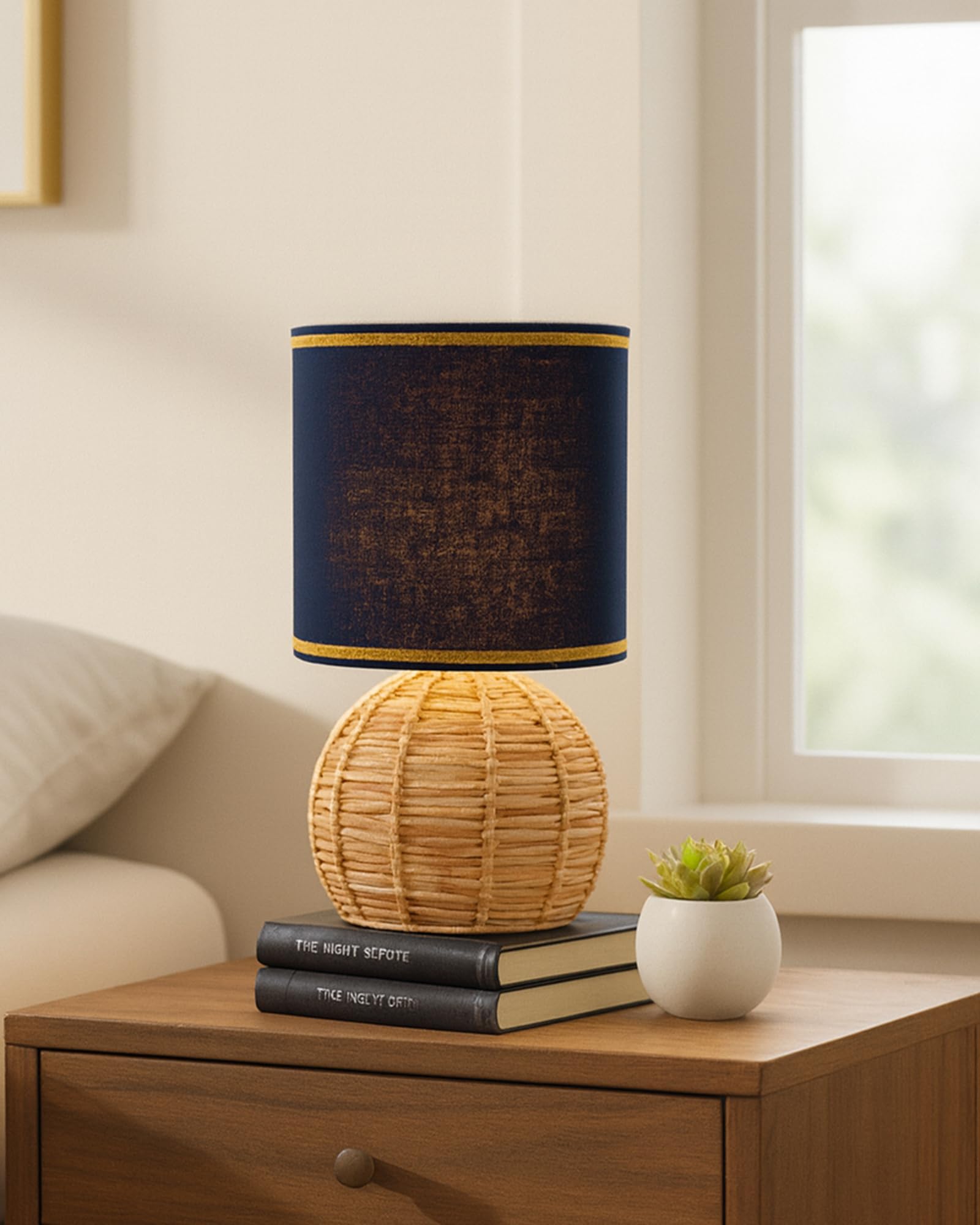Homesake® Shade Rattan Table Lamp for Bedroom & Living Room, Natural Wicker Bedside Lamp for Bedroom, Living Room & Home Décor, E27 Holder, Livra, Scandinavian, Minimal Style Lighting (Round, Jute)