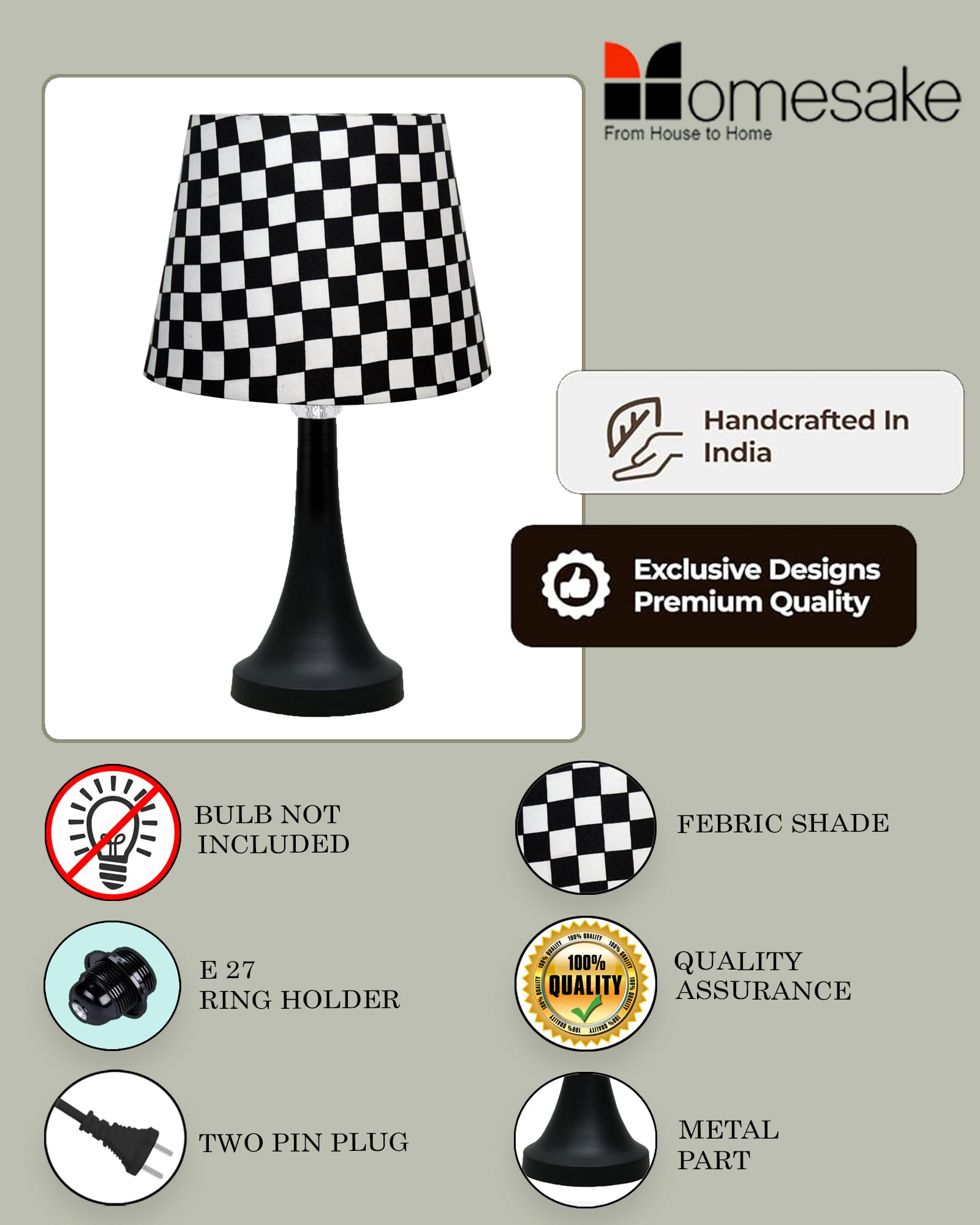 Bedside Black Metal Table Lamp with Fabric Shade, E27 holder, Cone, Pleated Jute Shade