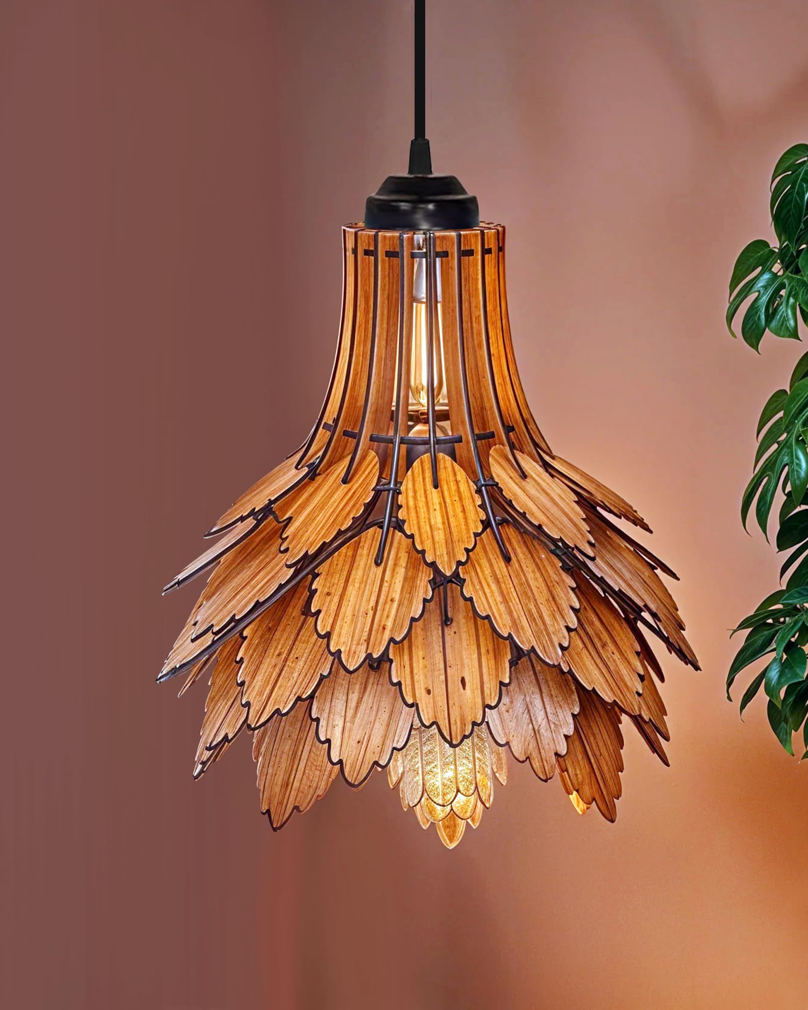 Homesake® Handcrafted Wooden Pendant lamp, Design Ceiling lamp,Hanging lamp Home decor Chandelier Light | E27 Bulb Included | Decoration for restaurants, Hotel, Home,Bedroom, Dining & Café