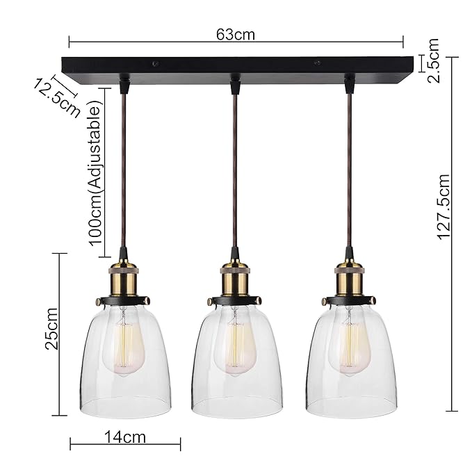 3-Lights Linear Cluster Chandelier Modern Bell Glass Shade Hanging Light, Antique  Socket, E27 Holder, Decorative, Black, URBAN Retro, Nordic Style