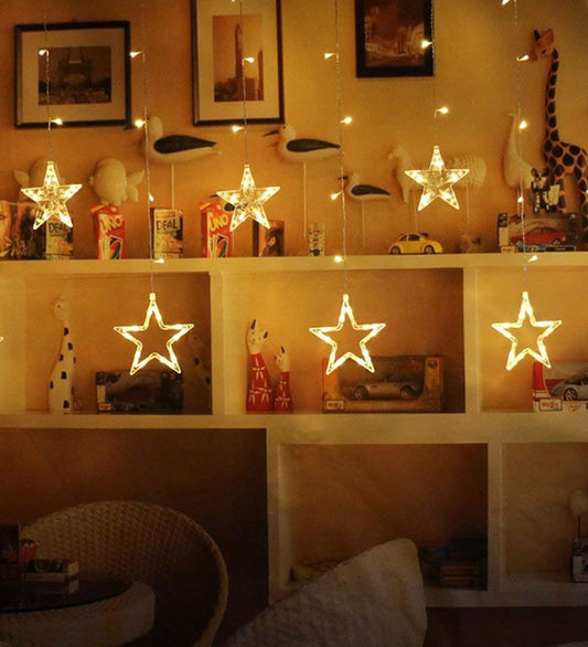 Homesake® 12 Stars Curtain String Lights Window Curtain Lights with 8 Flashing Modes Diwali Lights for Decoration Home, Festive Decor, Fairy Lights for Room Decoration (2.5 M Pack of 1)-2 pin Plug