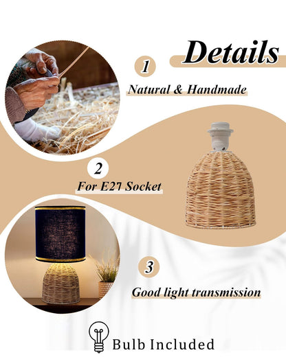 Homesake® Raffia Rattan Table Lamp with Fabric Shade, Small Nightstand Lamp, Natural Wicker Bedside Lamp for Bedroom, Living Room, Study & Home Décor, Livra Collection | E27 Holder