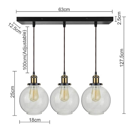 3-Lights Linear Cluster Chandelier Modern Glass Globe Hanging Light, Antique Socket, E27 Holder, Kitchen Island Ceiling Light URBAN Retro