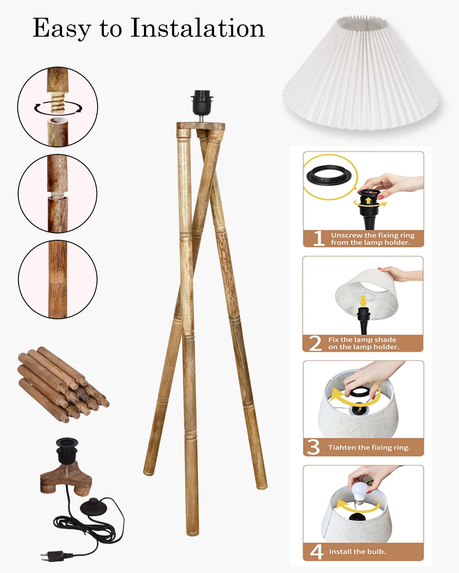 Cross-leg Wood Tripod Floor Lamp, Mid Century Standing Lamp, E27 Lamp Base, With Shade Modern Design Floor Reading Lamp for Living Room Bedroom, Study Room and Office