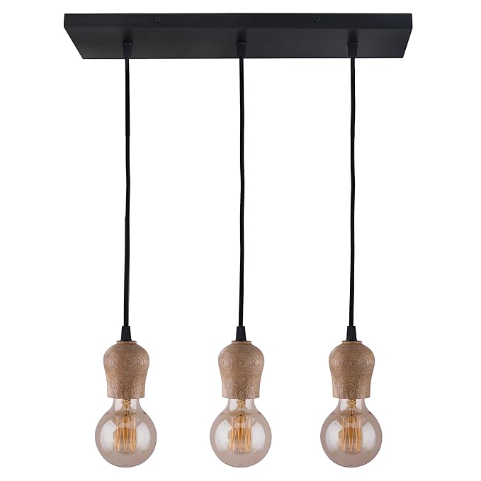 3-lights Linear Cluster Chandelier Edison Filament Wooden Bubble holder hanging Pendant Light, kitchen area and dining room light