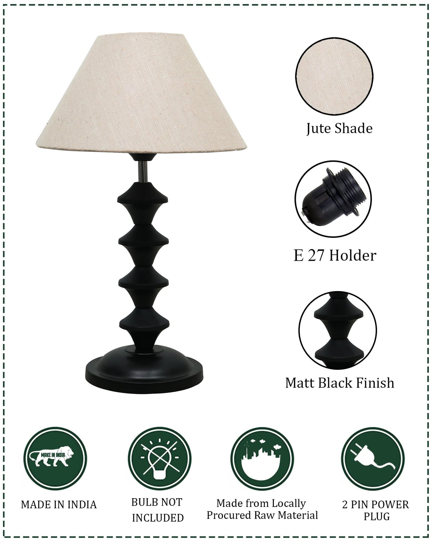 Black Metal Table Lamp with Fabric Shade, B22 holder, Pillar