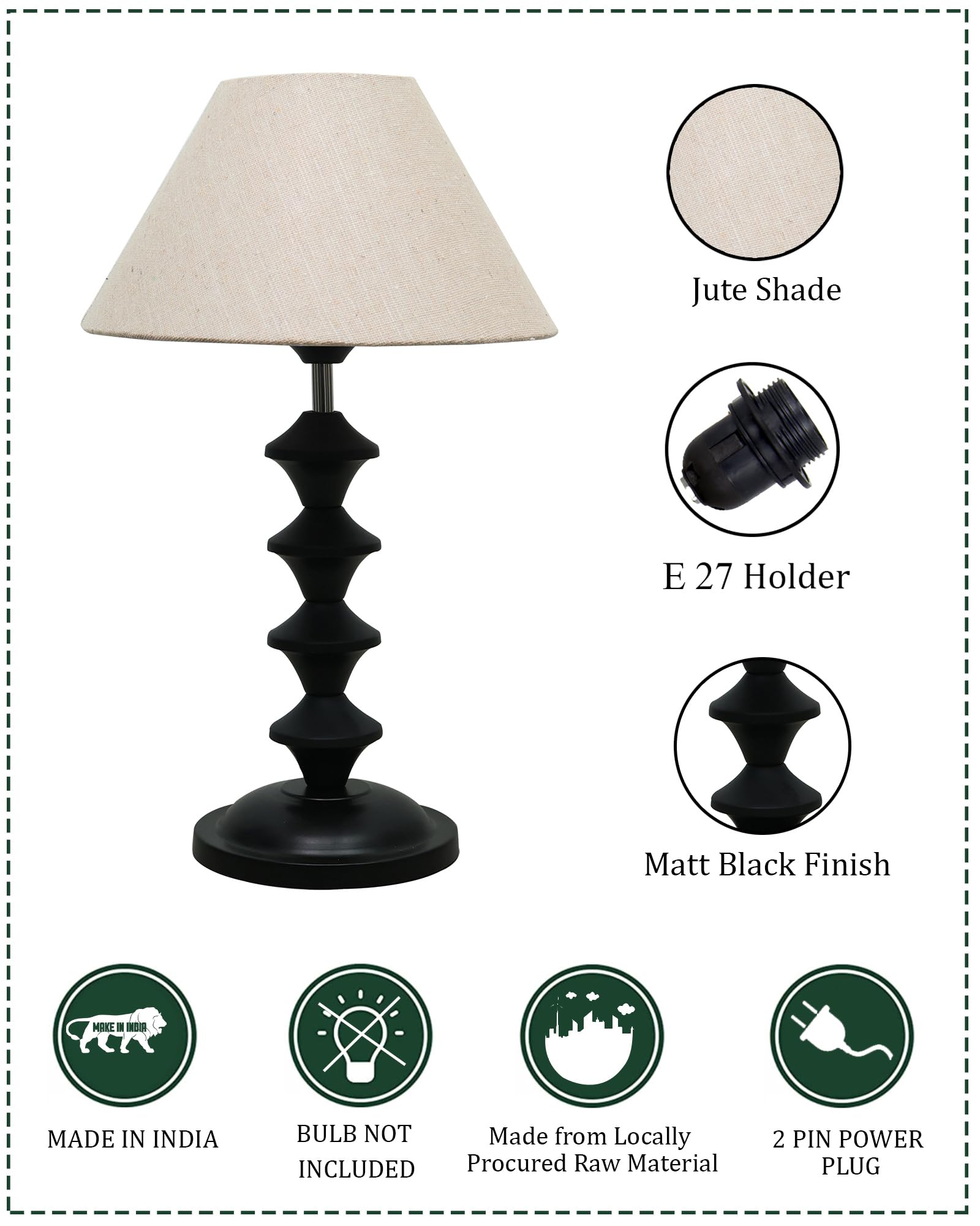 Black Metal Table Lamp with Fabric Shade, B22 holder, Pillar